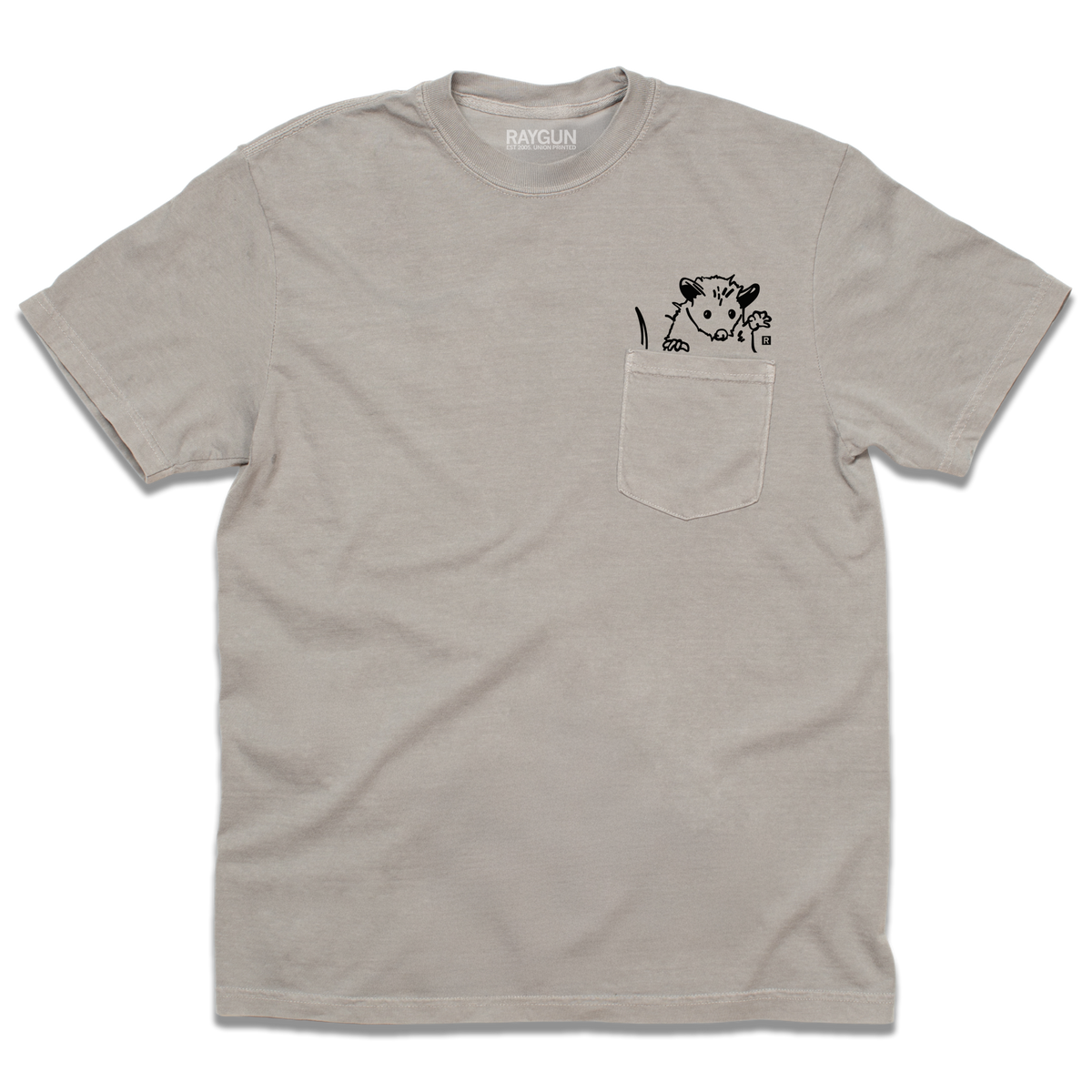 Light gray heavyweight cotton short-sleeve t-shirt with a chest pocket featuring a line-art illustration of an opossum waving.