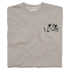 Taupe heavyweight cotton pocket t-shirt featuring a black line-drawing of an opossum peeking out of the pocket.