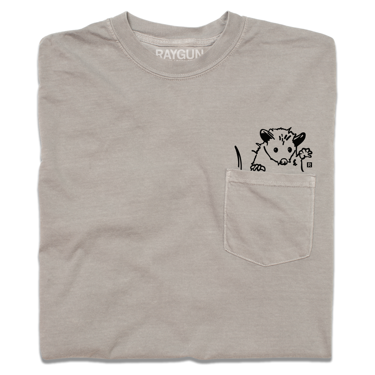 Taupe heavyweight cotton pocket t-shirt featuring a black line-drawing of an opossum peeking out of the pocket.