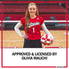 University of Nebraska volleyball player Olivia Mauch wears a heather red RAYGUN T-shirt while holding a ball on a court, with text below reading APPROVED & LICENSED BY OLIVIA MAUCH!.