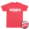 Heather red RAYGUN t-shirt with a white graphic on the chest reading LIV IT UP and OLIVIA MAUCH 10, including an inset showing the back of the shirt with MAUCH 10.