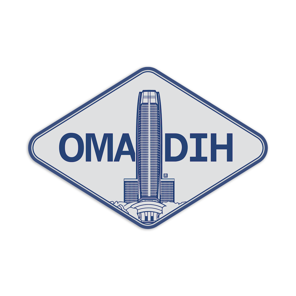 A diamond-shaped RAYGUN vinyl sticker featuring an illustration of a skyscraper and the text OMA DIH.