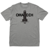 Heavyweight grey t-shirt featuring a black graphic of a skyscraper silhouette separating the letters OMA and DIH.