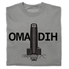 Heavyweight grey t-shirt featuring a black skyscraper graphic with the text OMA DIH printed across the chest.