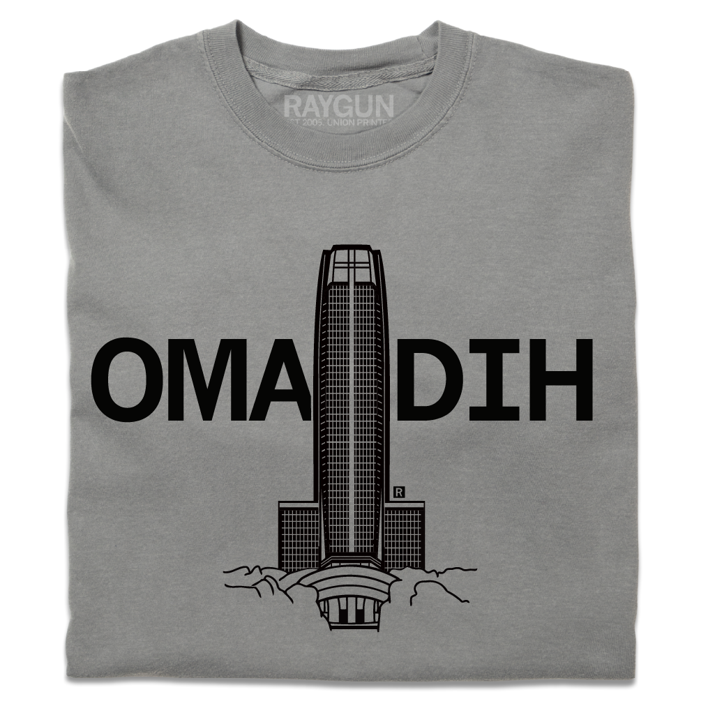 Heavyweight grey t-shirt featuring a black skyscraper graphic with the text OMA DIH printed across the chest.