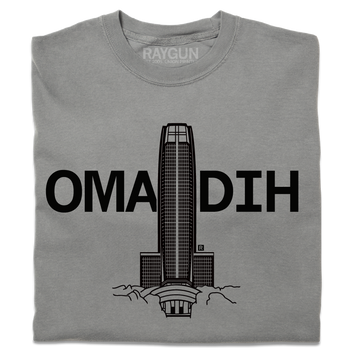 Heavyweight grey t-shirt featuring a black skyscraper graphic with the text OMA DIH printed across the chest.