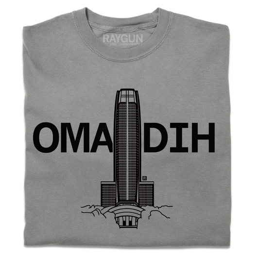 Heavyweight grey t-shirt featuring a black skyscraper graphic with the text OMA DIH printed across the chest.