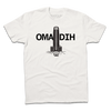 White Bone T-shirt featuring a black graphic of the First National Center skyscraper splitting the word OMA DIH.