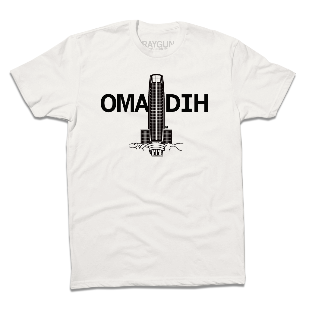 White Bone T-shirt featuring a black graphic of the First National Center skyscraper splitting the word OMA DIH.