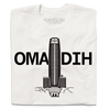Bone-colored t-shirt with a graphic of a skyscraper behind the text OMADIH.