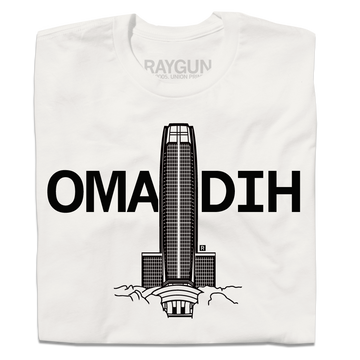 Bone-colored t-shirt with a graphic of a skyscraper behind the text OMADIH.