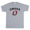 Grey RAYGUN t-shirt with OMAHA in black text above a stylized red and black O logo.