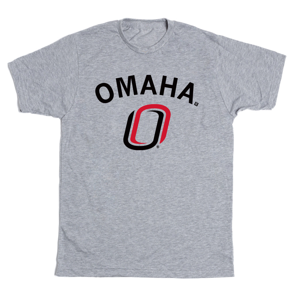 Grey RAYGUN t-shirt with OMAHA in black text above a stylized red and black O logo.