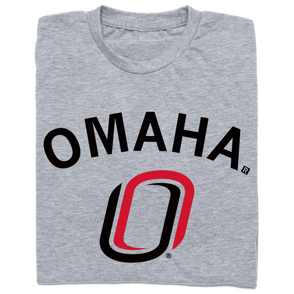 Union-made grey t-shirt featuring the word OMAHA in black arched text above a red and black stylized O logo.