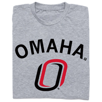 Union-made grey t-shirt featuring the word OMAHA in black arched text above a red and black stylized O logo.