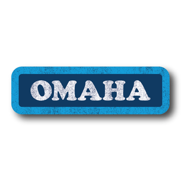 A rectangular dark blue sticker with a light blue border and white text that says, 