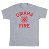 Heather gray, union-made short-sleeved t-shirt with red OMAHA FIRE text and an Omaha Fire & Rescue logo centered on the chest.