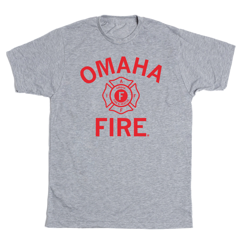 Heather gray, union-made short-sleeved t-shirt with red OMAHA FIRE text and an Omaha Fire & Rescue logo centered on the chest.