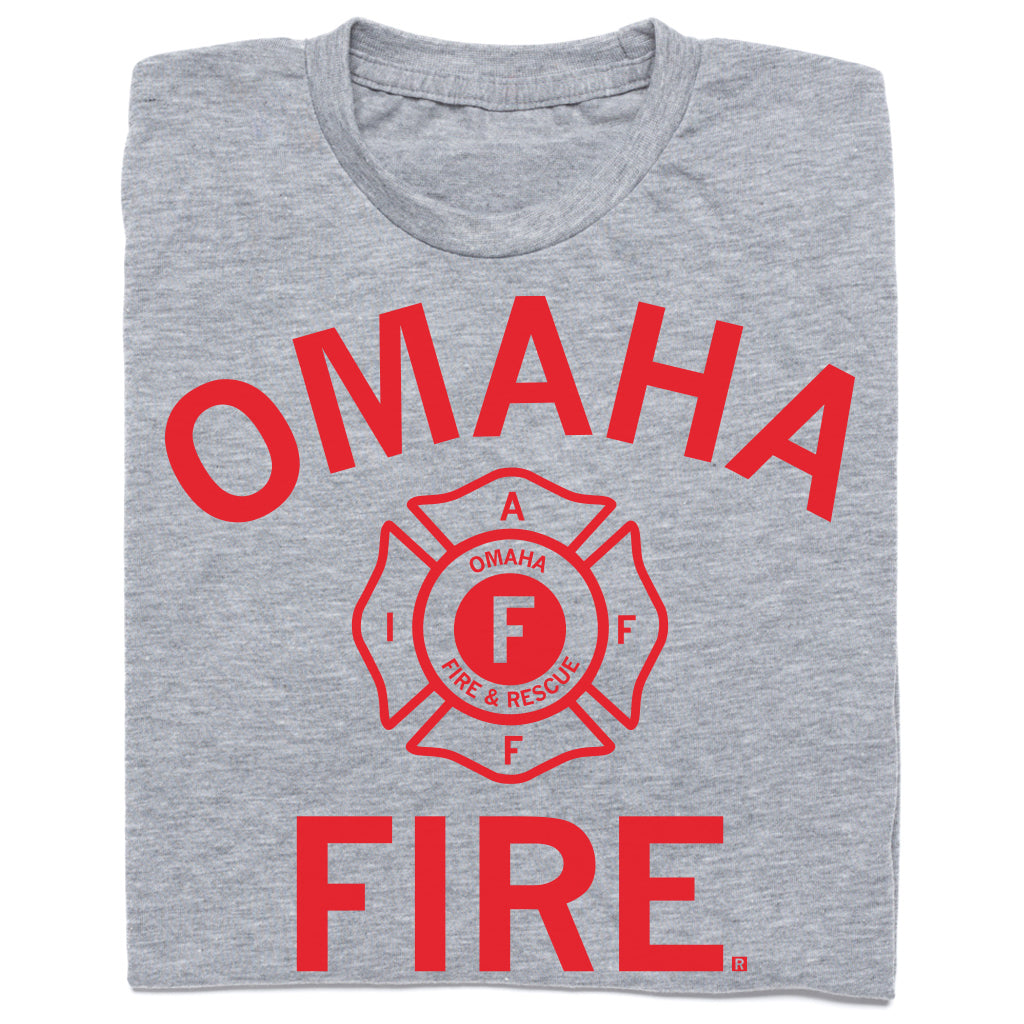 Heather gray Omaha Fire & Rescue t-shirt featuring OMAHA FIRE in red lettering with an official department emblem in the center.