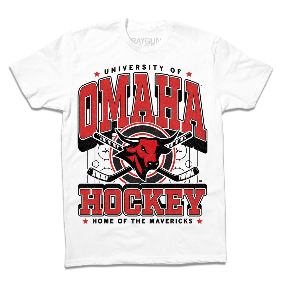 A flat white shirt with red and black ink that says, "University of Omaha Hockey. Home of the Mavericks" with the university's bull mascot logo over a pair of crossing hockey sticks and an ice rink.