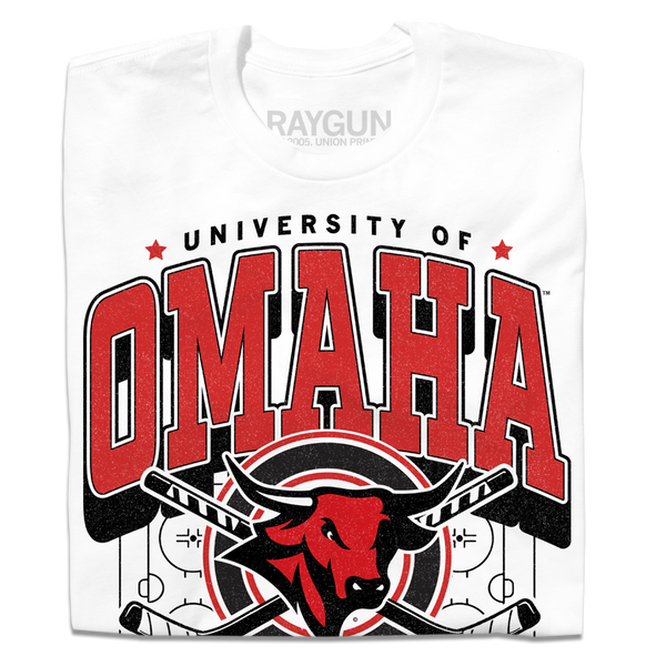 White shirt with red and black ink that says, 