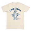 Beige t-shirt with royal ink that says, "Omeowha" over an illustration of the Omaha skyline and dome of the Omaha zoo behind a cat dressed as a train conductor holding an  ear of corn.
