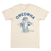 Beige t-shirt with royal ink that says, "Omeowha" over an illustration of the Omaha skyline and dome of the Omaha zoo behind a cat dressed as a train conductor holding an  ear of corn.