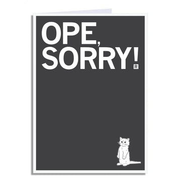 A RAYGUN greeting card with a dark gray background featuring the white text OPE, SORRY! and a small line drawing of a cat standing on its hind legs in the bottom right corner.