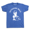 A heather royal blue t-shirt with curved white text near the top that says, "OUTGOING MALE" above an illustration of a cat dressed as a mail carrier with a mail back over his shoulder and a letter in hand.