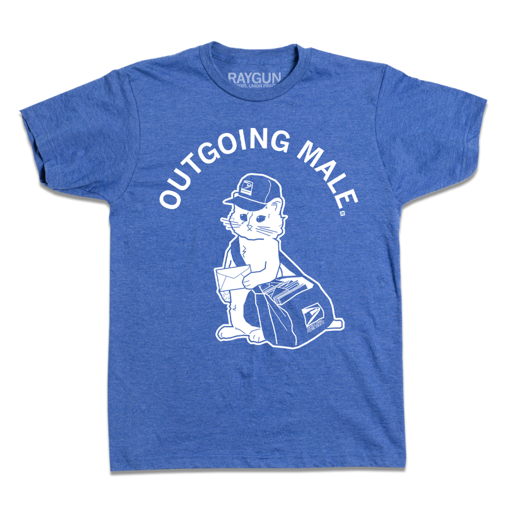 A heather royal blue t-shirt with curved white text near the top that says, "OUTGOING MALE" above an illustration of a cat dressed as a mail carrier with a mail back over his shoulder and a letter in hand.