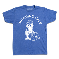 A heather royal blue t-shirt with curved white text near the top that says, "OUTGOING MALE" above an illustration of a cat dressed as a mail carrier with a mail back over his shoulder and a letter in hand.