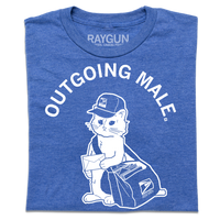 A folded heather blue short sleeve t-shirt with curved white text near the top that says, "OUTGOING MALE" above an illustration of a cat dressed as a mail carrier with a mail back over his shoulder and a letter in hand.