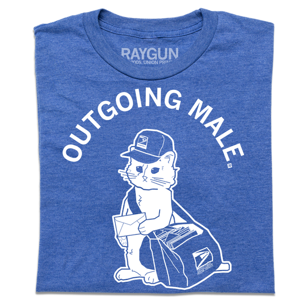 A folded heather blue short sleeve t-shirt with curved white text near the top that says, 