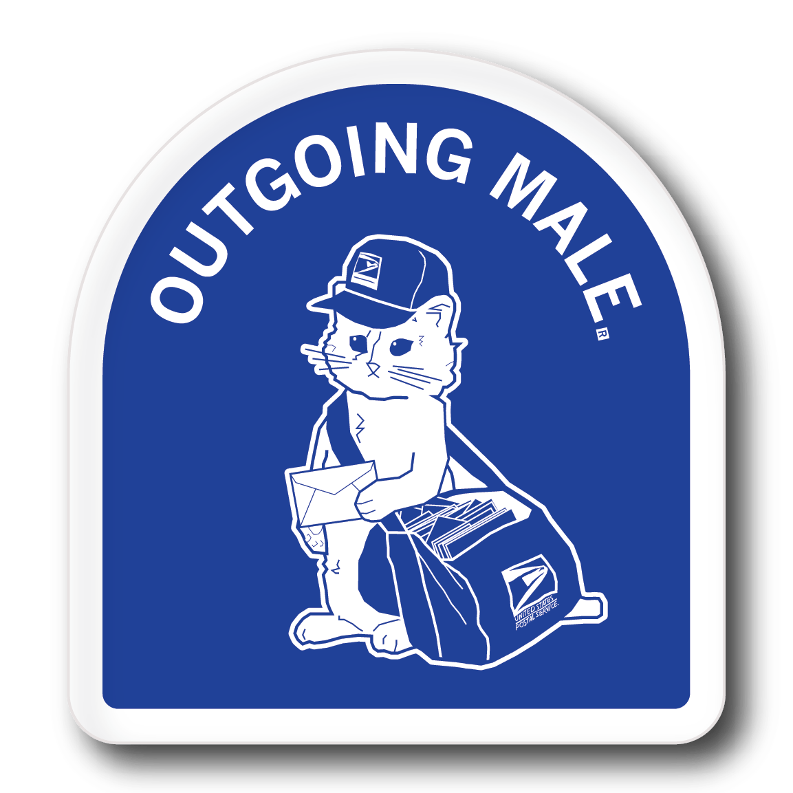 A die-cut sticker with a blue background and white border with an illustration of a cat dressed as a mail carrier. Curved text at the top says, "Outgoing Male" in all caps.