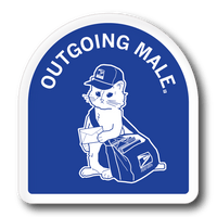 A die-cut sticker with a blue background and white border with an illustration of a cat dressed as a mail carrier. Curved text at the top says, "Outgoing Male" in all caps.