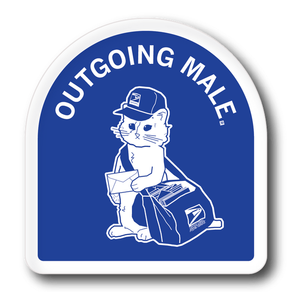A die-cut sticker with a blue background and white border with an illustration of a cat dressed as a mail carrier. Curved text at the top says, 