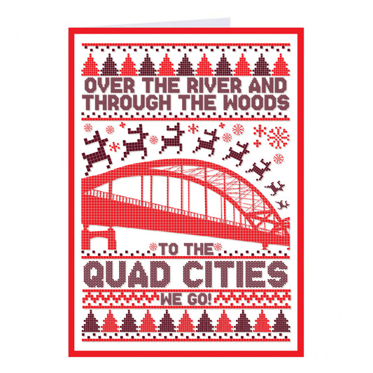 RAYGUN holiday card with a red and white knitted pattern featuring reindeer, a bridge, and the text Over the river and through the woods to the Quad Cities we go!.