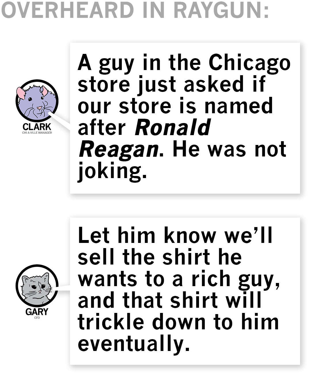 Text conversation between two characters named Clark and Gary about a store named after Ronald Reagan.