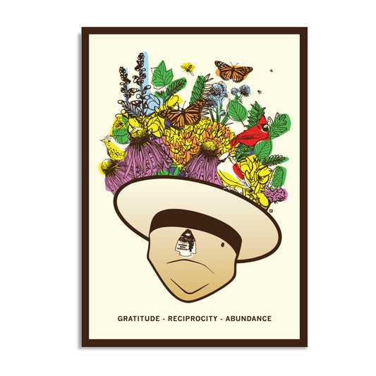 Art print featuring a person wearing a hat topped with a lush arrangement of flowers, butterflies, and birds, with the text GRATITUDE - RECIPROCITY - ABUNDANCE at the bottom, presented as a RAYGUN postcard.
