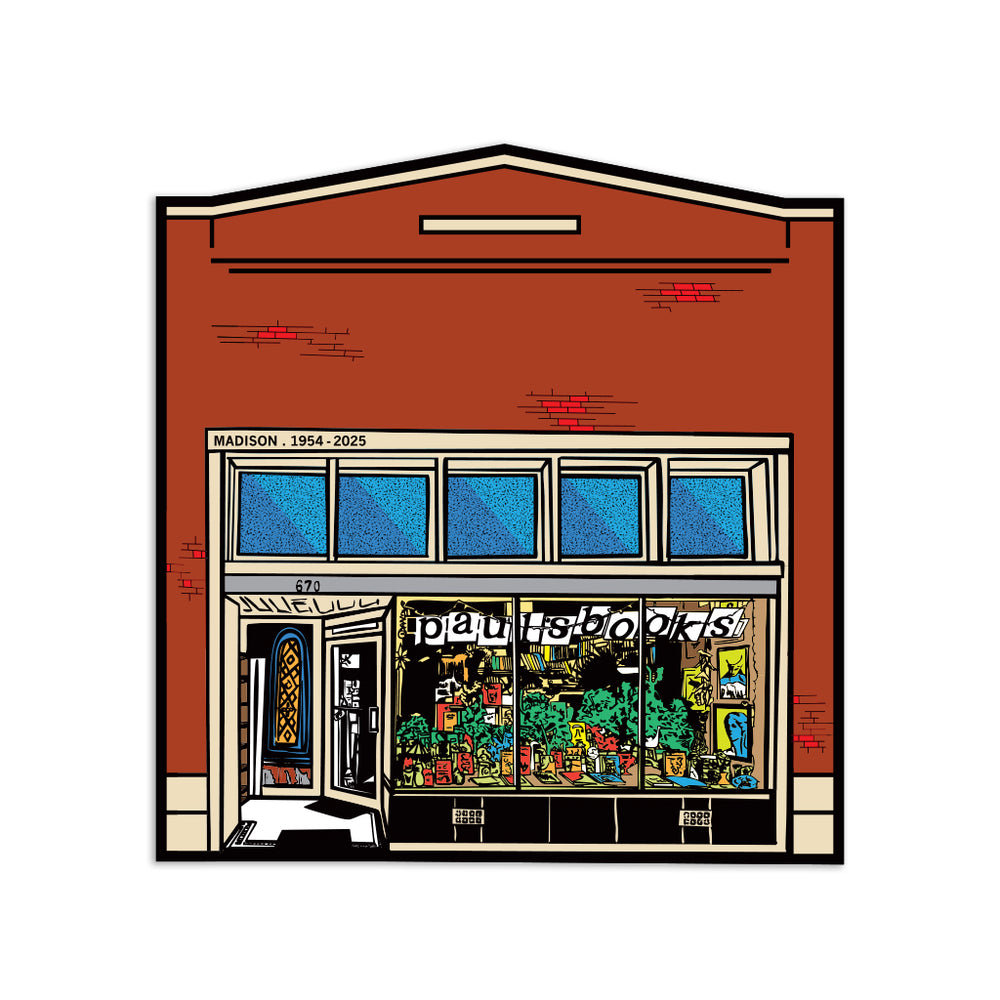 Die-cut sticker illustrating the storefront of Paul's Books in Madison, Wisconsin with plants and books seen in the shop windows.