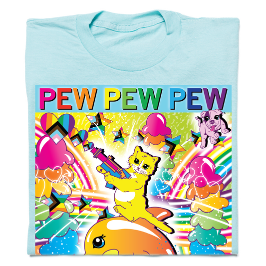 Light blue sweatshop free RAYGUN t-shirt featuring a yellow cat riding a dolphin, holding a toy gun, surrounded by rainbows, hearts, stars, and a puppy, with the text PEW PEW PEW at the top.