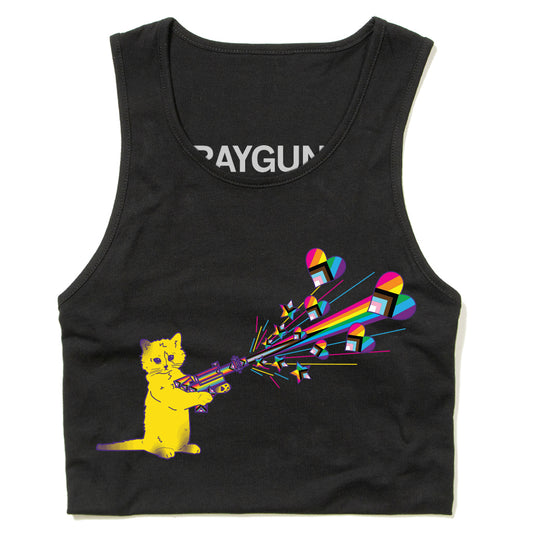 Black cropped cat tank top featuring a graphic of a yellow cat firing a rainbow-colored laser that creates hearts and geometric shapes.