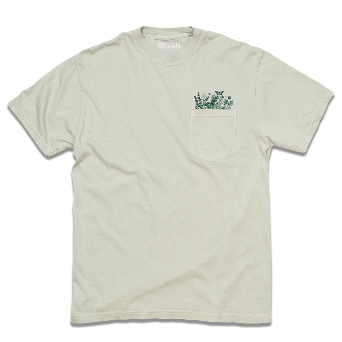 Light grey heavyweight pocket tee with a chest pocket featuring a dark green illustration of a butterfly, wildflowers, and mushrooms.