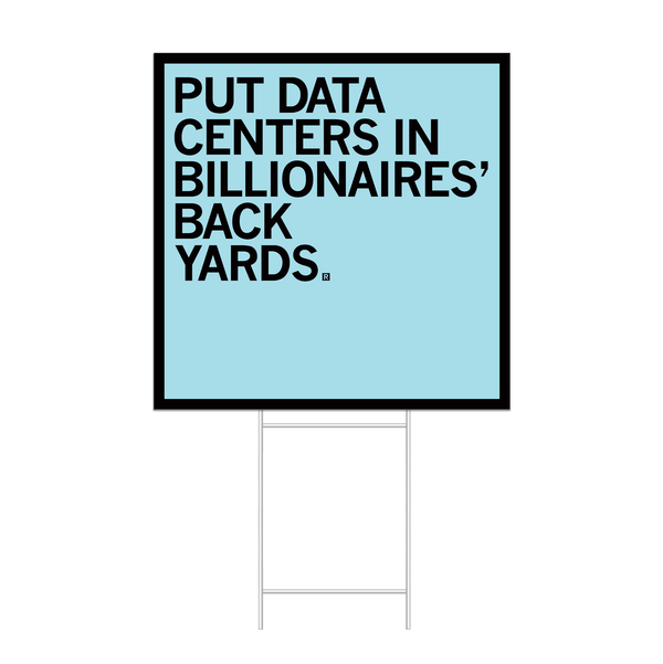A ice blue square yard sign with black border and text that says, 