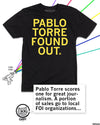 Promo images highlighting the same t-shirt with Gary at the bottom saying, "Pablo Torre scores one for great journalism. A portion of sales go to local FOI organizations.