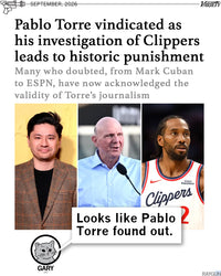 A promo images featuring a headline from Variety that says, "Pablo Torre vindicated as his investigation of Clippers leads to historic punishment." Gary the Cat comments below "Looks like Pablo Torre found out."