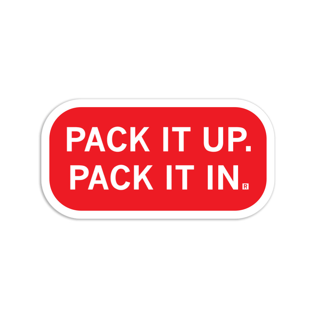 A rectangular RAYGUN die-cut vinyl sticker with rounded corners and the white text, PACK IT UP. PACK IT IN.