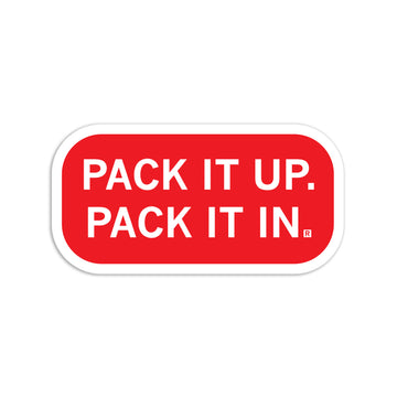 A rectangular RAYGUN die-cut vinyl sticker with rounded corners and the white text, PACK IT UP. PACK IT IN.