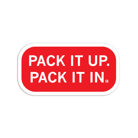 A rectangular RAYGUN die-cut vinyl sticker with rounded corners and the white text, PACK IT UP. PACK IT IN.