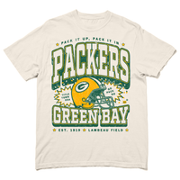 Comfort Colors off-white t-shirt with yellow and gold print that reads "Pack it up, pack it in. Title Town USA. Go Pack go. Green Bay Packers est. 1919. Lambeau Field." A  Green Bay Packers helmet is in the center and the design is laid out like a vintage college shirt.